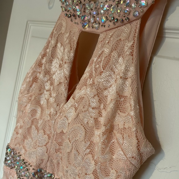 Deb Blush Lace Prom Dress with Rhinestone Accents - Picture 5 of 11